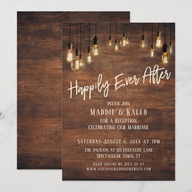 Invitation Happily Ever After Mur en bois marron Lumières Edi (Devant / Derrière)