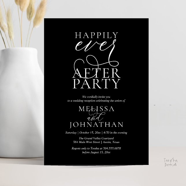 Invitation Happily Ever After Party, Classy Wedding Reception (Happily Ever After Party, Classy Wedding Reception Modern Dinner Invitation Card PDF Black White)