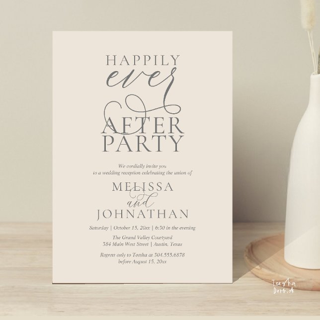 Invitation Happily Ever After Party, Classy Wedding Reception (Happily Ever After Party, Classy Wedding Reception Modern Dinner Invitation Card PDF Cream Grey)