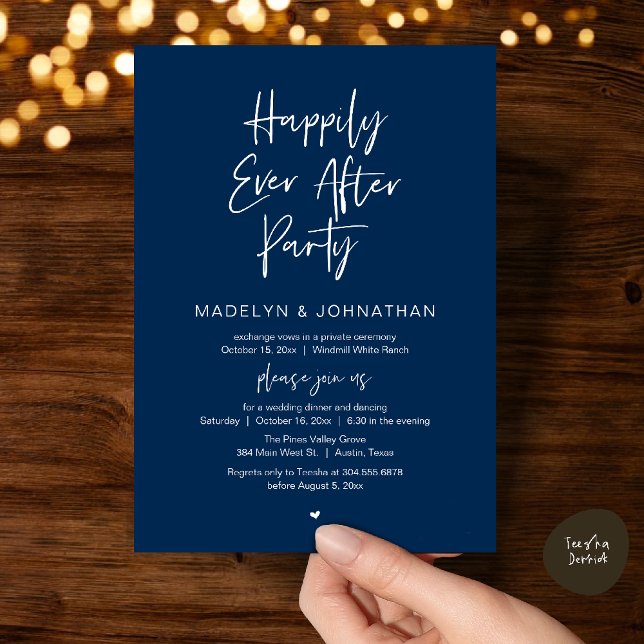 Invitation Happily Ever After Party, Modern Wedding Dinner (Happily Ever After Party, Modern Wedding Reception Dinner Invitation card in navy blue)