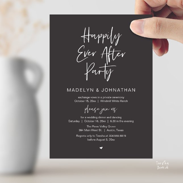 Invitation Happily Ever After Party, Modern Wedding Dinner (Happily Ever After Party, Modern Wedding Reception Dinner Invitation card in charcoal grey)