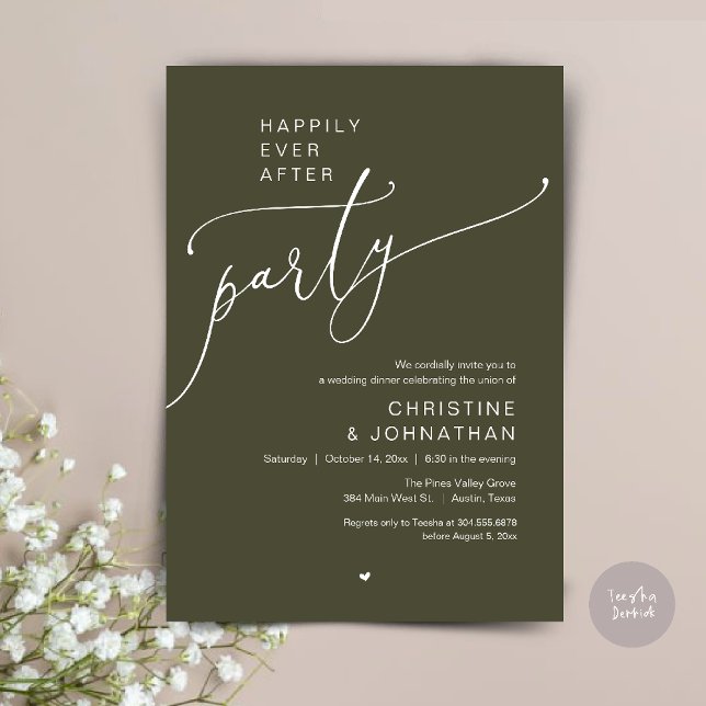 Invitation "Happily Ever After Party" Modern Wedding Dinner ("Happily Ever After Party" Modern Wedding Dinner reception Invitation card in olive green)