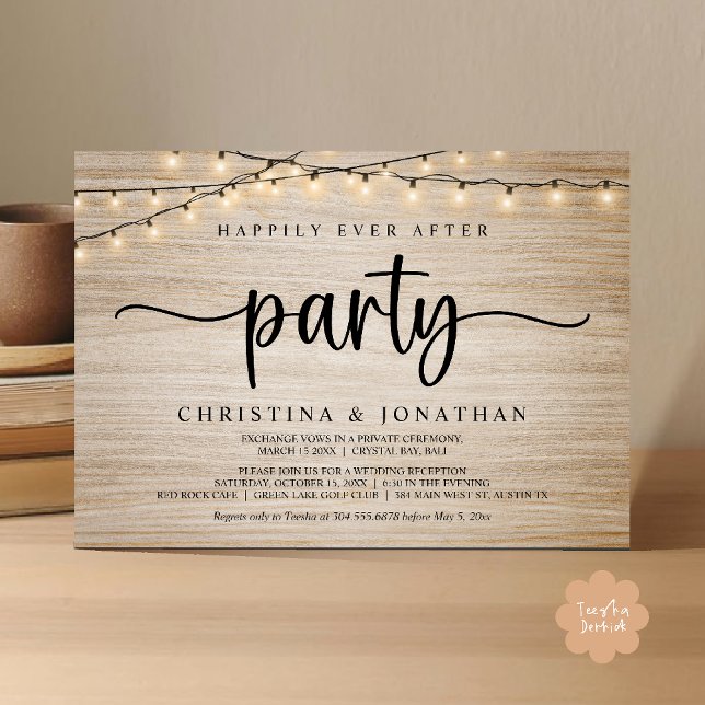 Invitation Happily Ever After Party, Rustic String Lights Wed (Happily Ever After Party, Rustic String Lights Wed Invitation Card, Dark Brown Wood Background)