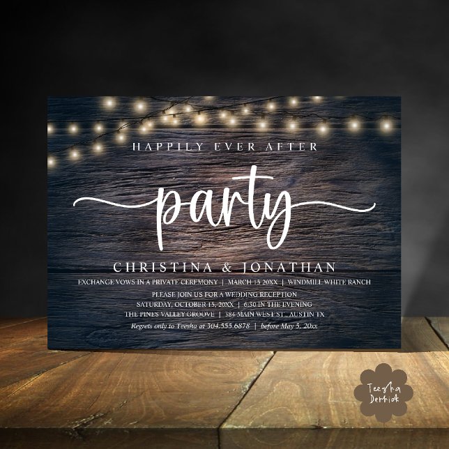 Invitation Happily Ever After party, Rustic Wedding (Happily Ever After party, Rustic Wedding reception Invitation Card string lights dark wood)