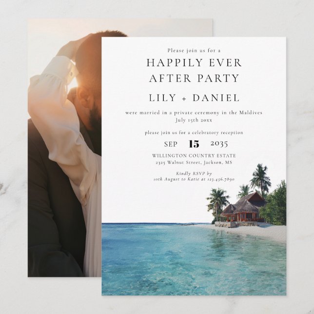Invitation Happily Ever After Tropical Beach Photo Wedding (Devant / Derrière)