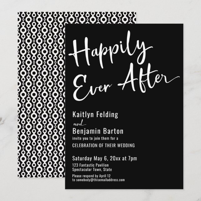 Invitation Happily Ever After Typographie Gras Blanc sur Noir (Devant / Derrière)