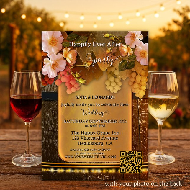 Invitation Happily Ever After Vineyard Wedding (Happily ever after wedding invitation featuring grapes, flowers and string lights on a wine barrel)