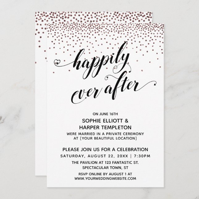 Invitation Happily Ever Ever Cœurs Script Rose Gold Confetti (Devant / Derrière)