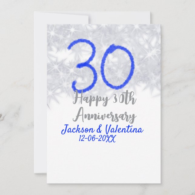 Invitation Happy 30th wedding anniversary silver blue glitter (Devant)