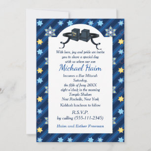 Invitation Happy Bar Mitzvah 20XX Tefillin Blue Star Moderne