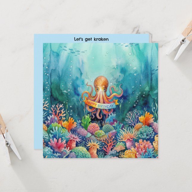 Invitation Happy Birthday Octopus Ocean Sea Life Water Fish (Devant/Arrière en situation)