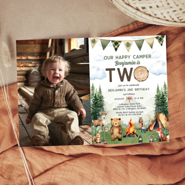 Invitation Happy Camper 2e anniversaire Photo (Happy Camper 2nd Birthday Photo Invitation
)