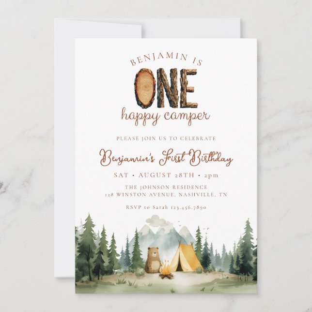Invitation Happy Camper Forest Bear 1st Birthday (Devant)