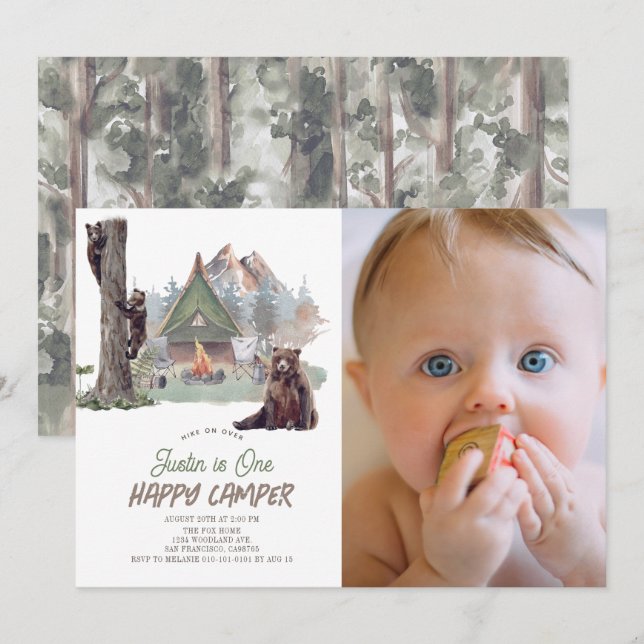 Invitation Happy Camper Mountain Bears Boy 1er anniversaire (Devant / Derrière)
