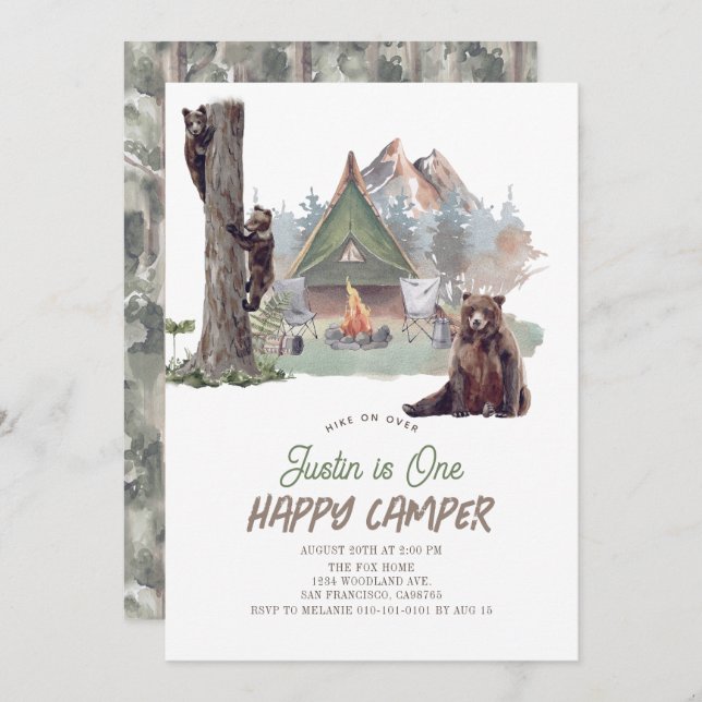 Invitation Happy Camper Mountain Bears Boy 1er anniversaire (Devant / Derrière)