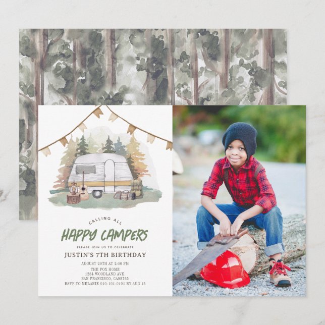 Invitation Happy Camper Mountain Forest Boy Birthday Photo (Devant / Derrière)