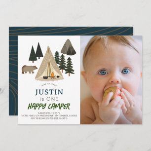 Invitation Happy Camper Tent Bear Boy 1er Anniversaire Photo