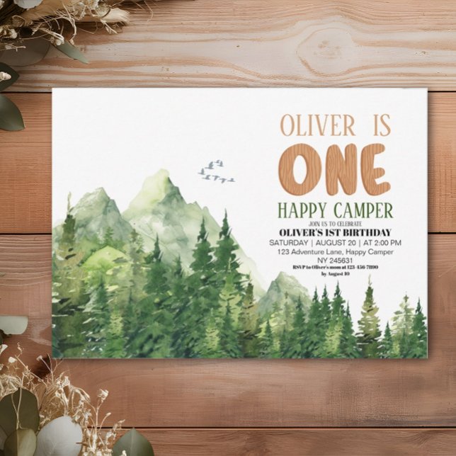 Invitation Happy Camper Vert Aquarelle Forêt 1er Anniversaire (Créateur téléchargé)