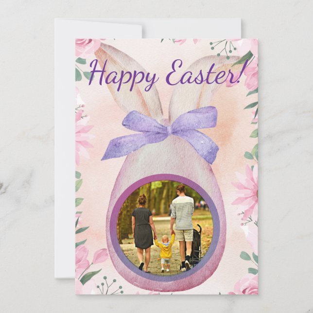 Invitation Happy Easter pink egg with bow insert photo (Devant)