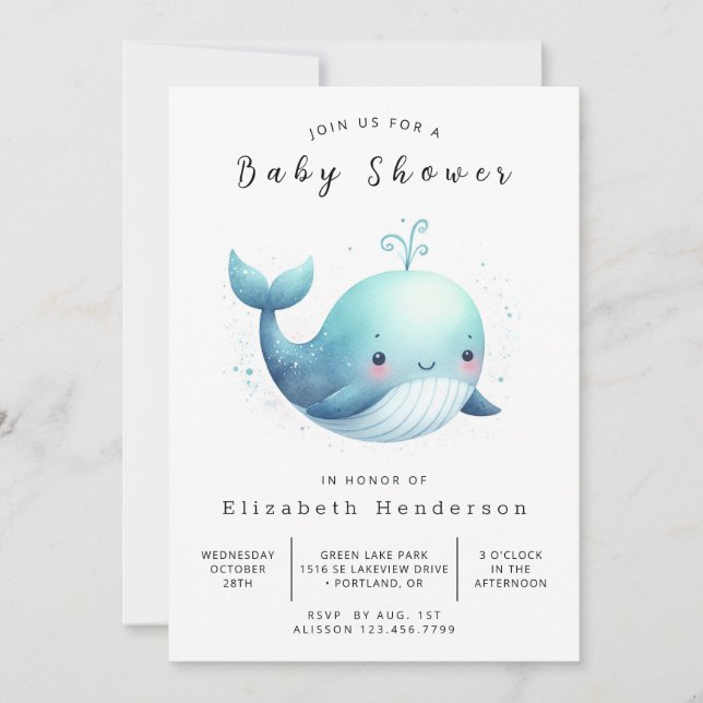 Invitation Happy Editable Whale Baby shower (Devant)