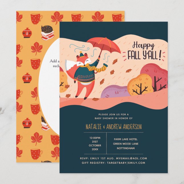 Invitation Happy Fall Ya'll Cosy Fox Folk Art Baby shower (Devant / Derrière)