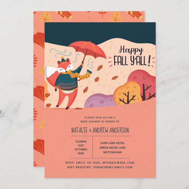 Invitation Happy Fall Ya'll Cosy Fox Folk Art Baby shower (Devant / Derrière)