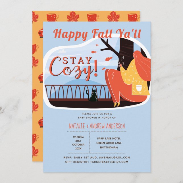 Invitation Happy Fall Ya'll Stay Cosy Folk Art Baby shower (Devant / Derrière)