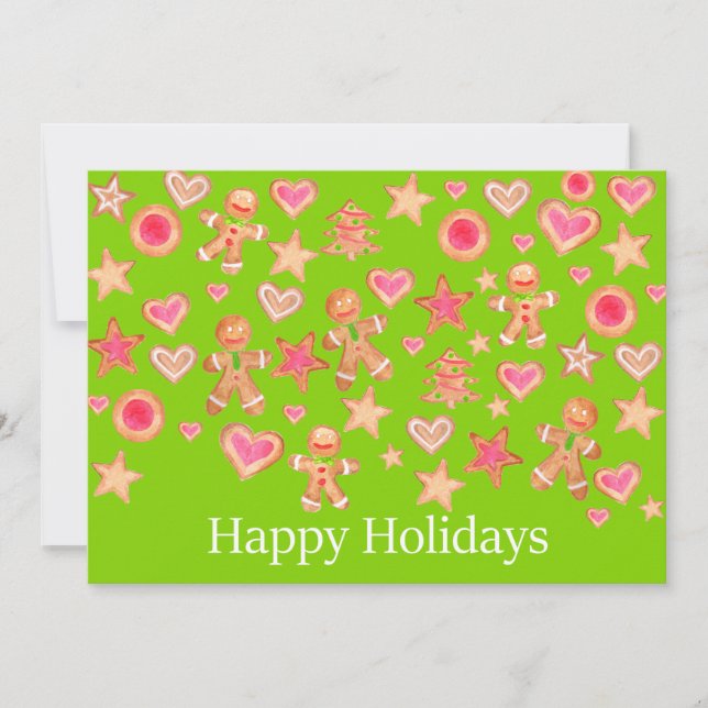 Invitation Happy Holidays watercolor gingerbread cookies (Devant)