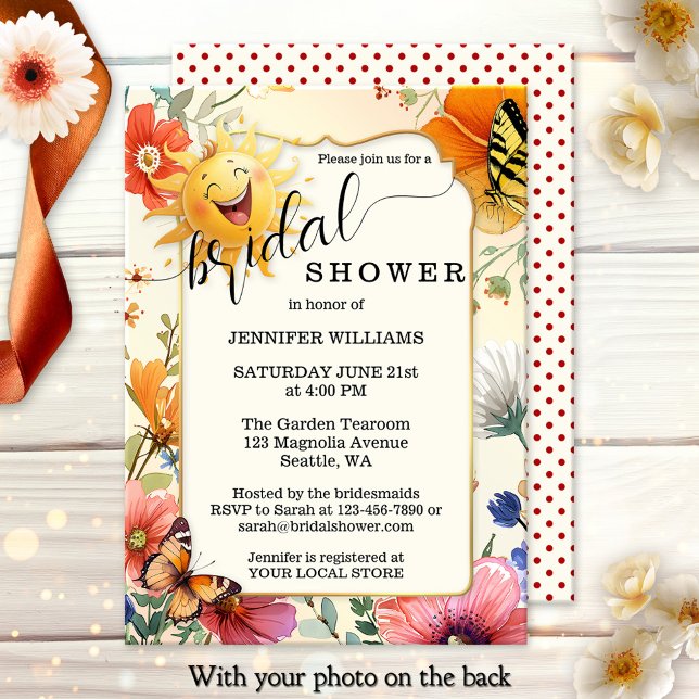 Invitation Happy Retro Wildflower Watercolor Bridal Shower (Bridal shower photo invitation featuring watercolor wildflowers and a happy laughing sun)