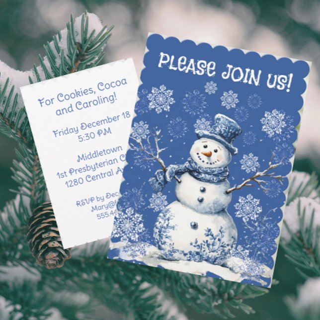 Invitation Happy Snowman Snowflakes Blue White Chinoiserie  (Customize this invitation with your own information!)