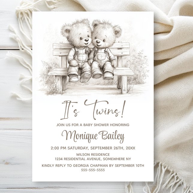 Invitation Happy Teddy Bear Twins Baby Shower (Créateur téléchargé)
