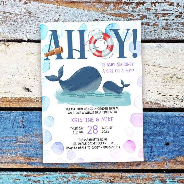 Invitation Happy Whale Ahoy C'est une fille ou un garçon Révé (Nautical Gender Reveal Invitation from my Happy Whale collection Message if you need different items)