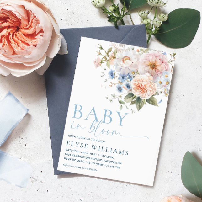 Invitation Hargrove Bleu Floral Bébé dans le Baby shower en f (Créateur téléchargé)