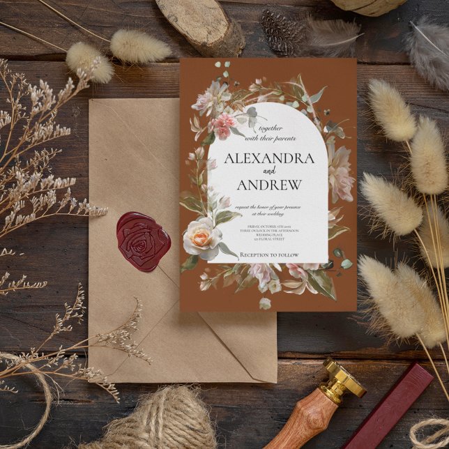 Invitation Harmonia Autumn Floral | Boho Orange Rust Mariage (Créateur téléchargé)