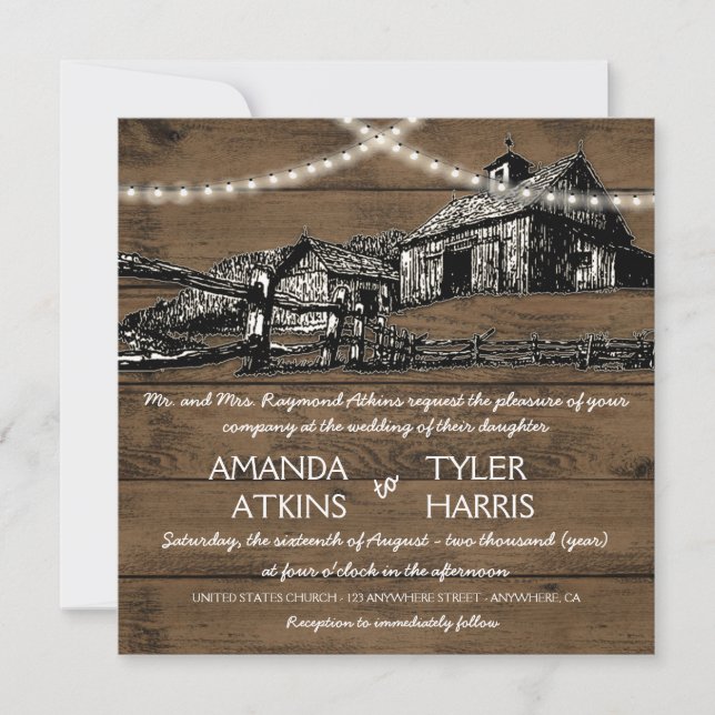 Invitation Harmonie Rustique String Lights Barn Wedding Invit (Devant)