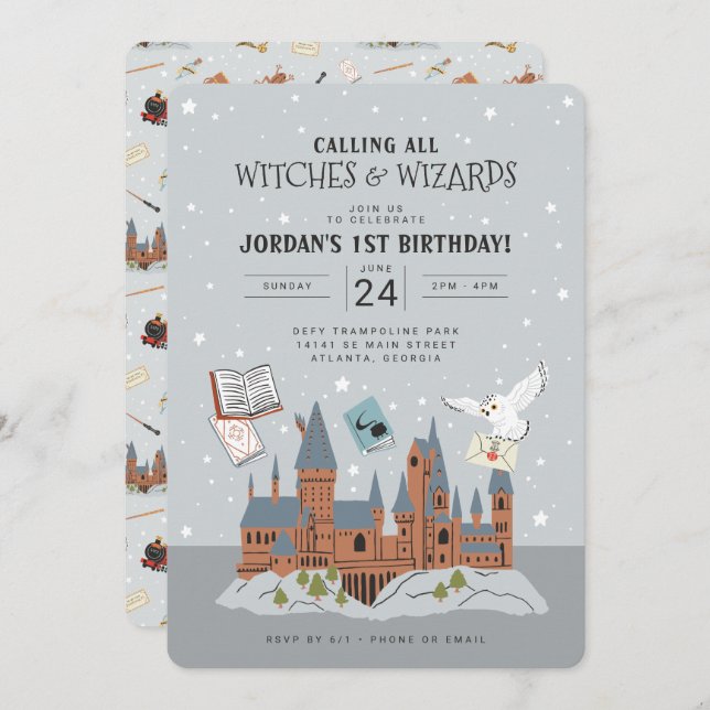 Invitation Harry Potter | Château de Hogwarts 1er anniversair (Devant / Derrière)