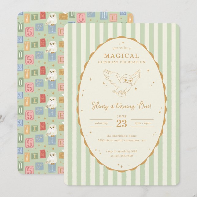 Invitation Harry Potter Hedwig Green Magical Birthday (Devant / Derrière)