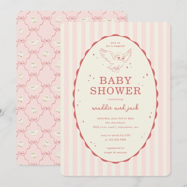 Invitation Harry Potter Hedwig Pink Stripe Baby Shower (Devant / Derrière)