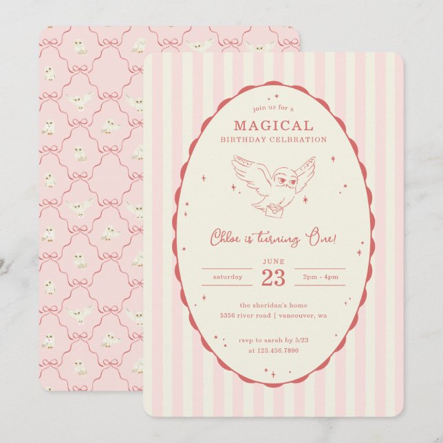 Invitation Harry Potter Hedwig Rose Anniversaire Magique (Devant / Derrière)