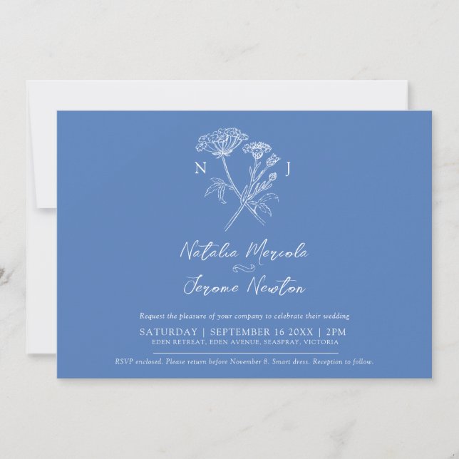 Invitation Hartwort de Cornflower botanique bleu blanc mariag (Devant)