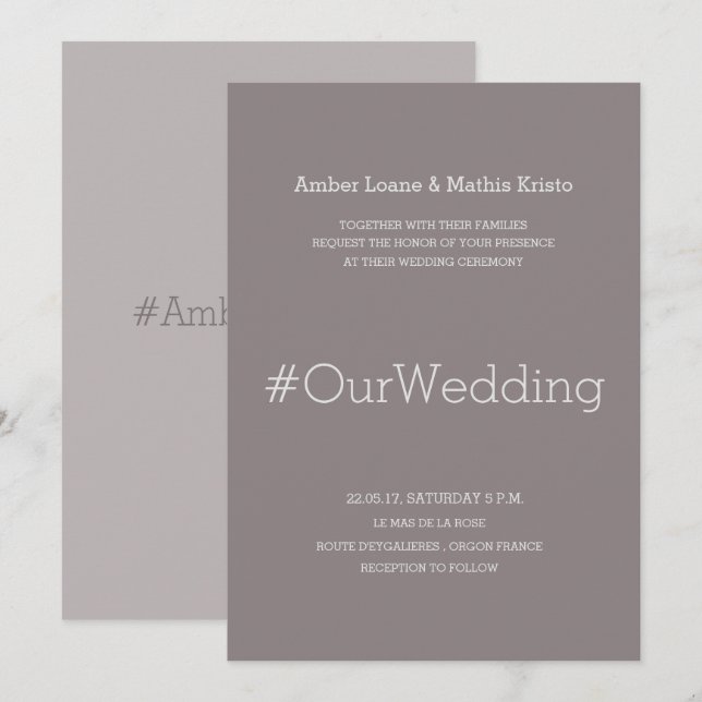 Invitation Hashtag chic moderne élégant lilac gris mariage (Devant / Derrière)
