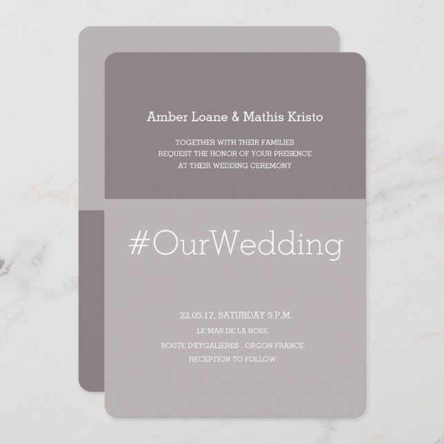 Invitation Hashtag chic moderne lilac gris taupe mariage (Devant / Derrière)