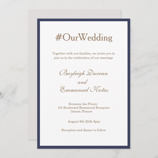 Invitation Hashtag Millennial Navy Blue Gold White Mariage (Devant / Derrière)