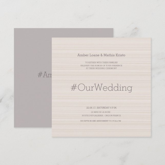 Invitation Hashtag moderne élégant ivoire lilas raypes mariag (Devant / Derrière)