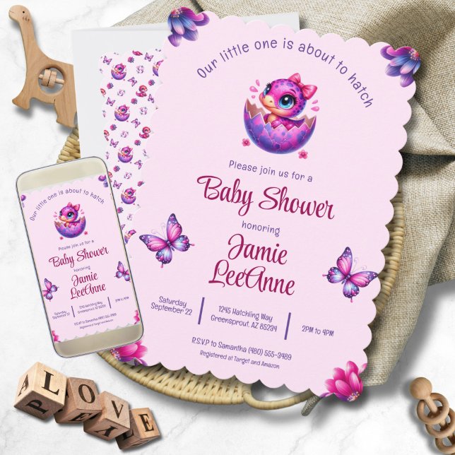 Invitation Hatching Bientôt Baby Baby shower Dinosaure rose ("Hatching Soon" Chic Pink Dinosaur Baby Shower Invitation - Print and Digital)