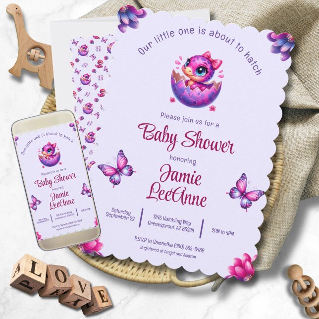 Invitation Hatching Bientôt Baby Purple Dinosaur Baby shower ("Hatching Soon" Modern Purple Baby Dinosaur Baby Shower Invitation - Print and Digital)