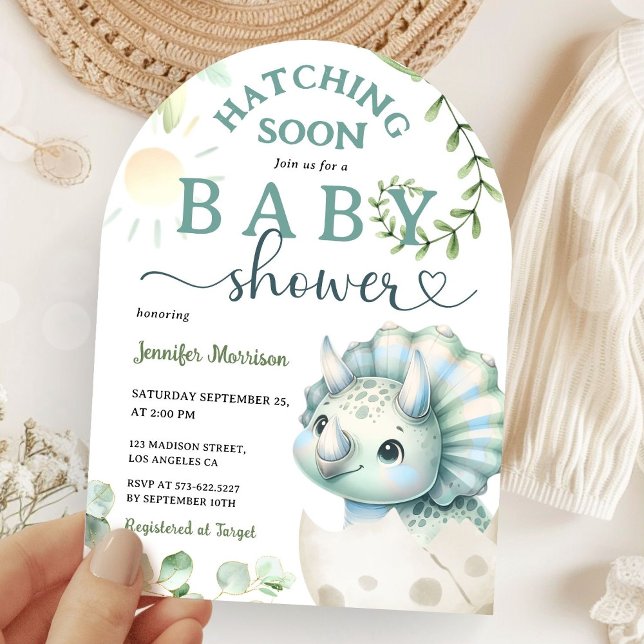 Invitation Hatching Bientôt Dinosaur Baby shower Garçon Arc B (Créateur téléchargé)