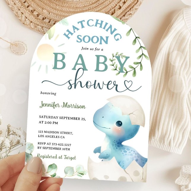 Invitation Hatching Bientôt Dinosaur Baby shower Garçon bleu  (Créateur téléchargé)