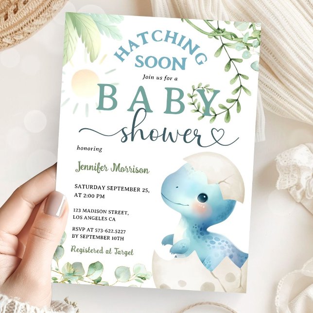 Invitation Hatching Bientôt Dinosaur Baby shower Garçon bleu  (Créateur téléchargé)