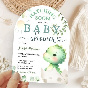 Invitation Hatching Bientôt Dinosaur Baby shower Green Dino A